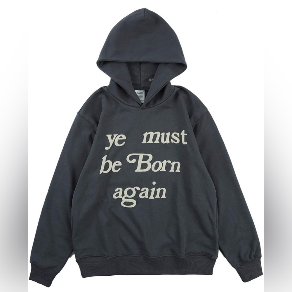 NEW- NAGRI Ye Must Be Born Again Graphic Print Hoodie - Heavyweight COLOR: Grey